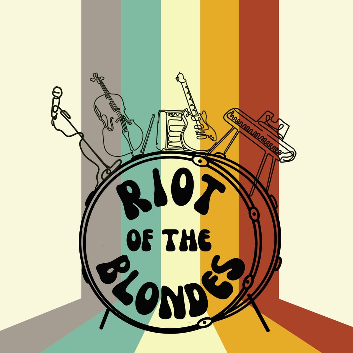 Logo von Riot of the Blondes — eine Bassdrum vor dem Regenbogen-Streifen der Band
