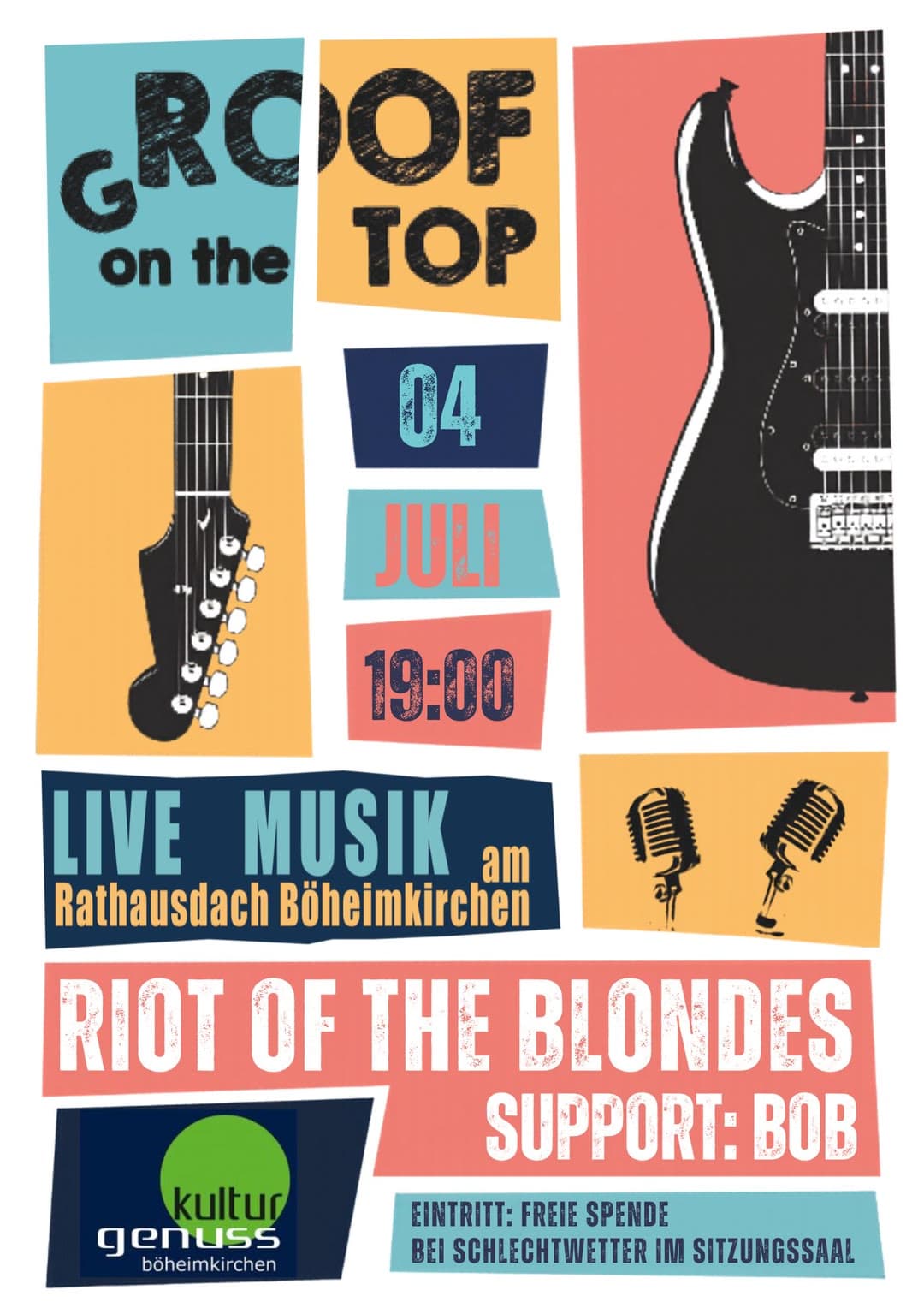 Plakat zum Auftritt „gROOF on the top“ am Samstag, 4. Juli 2026 — Rathausdach Böheimkirchen, Böheimkirchen